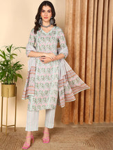 Women Sea Green Pure Cotton Floral Printed Kurta Trouser With Dupatta-VKSKD2005